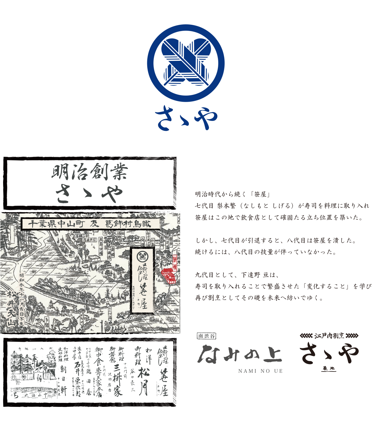 明治時代から続く「笹屋」七代目 梨本繁（なしもと しげる）が寿司を料理に取り入れ笹屋はこの地で飲食店として確固たる立ち位置を築いた。 しかし、七代目が引退すると、八代目は笹屋を潰した。 続けるには、八代目の技量が伴っていなかった。 九代目として、下遠野 亘は、寿司を取り入れることで繁盛させた「変化すること」を学び再び割烹としてその礎を未来へ紡いでゆく。